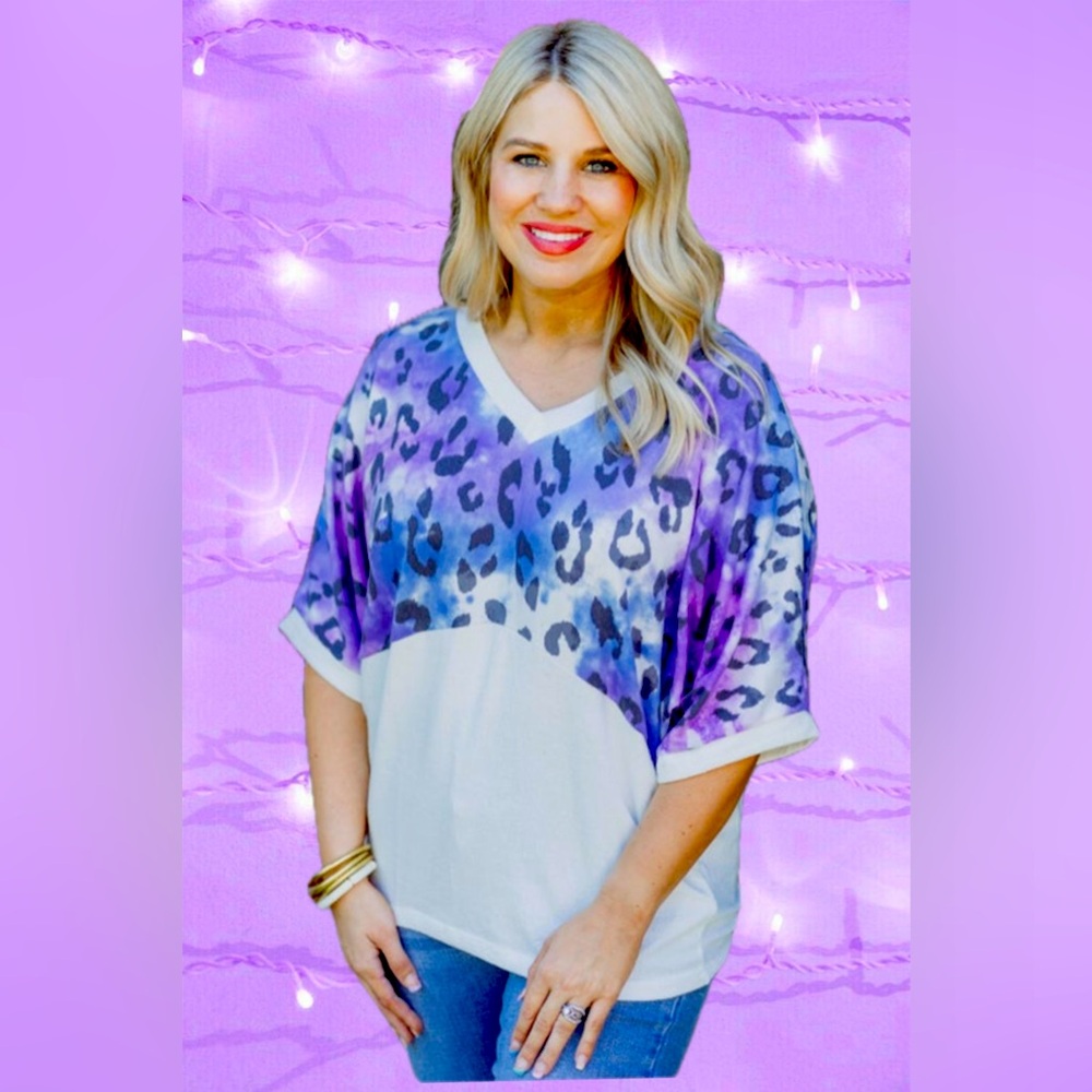 Leopard-Print Women's Top with Purple Accents and Unique Back Cutout Design - Picture 1 of 3